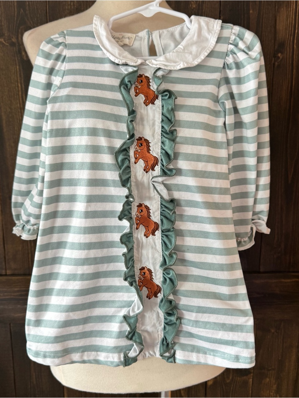 Girls Marie Nicole Green & White Stripe Embroidered Horse Dress 12-18 Months